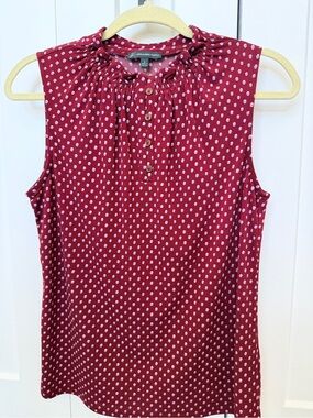 Adrianna Papell Burgundy Polka Dot Sleeveless Ruffle Neck Tank